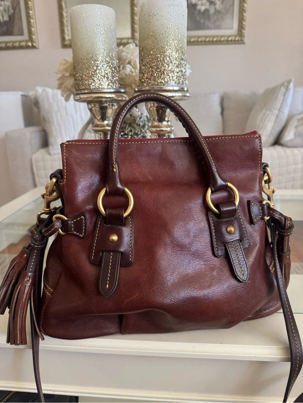 Dooney & Bourke Deep Burgundy Leather Satchel with Gold Hardware